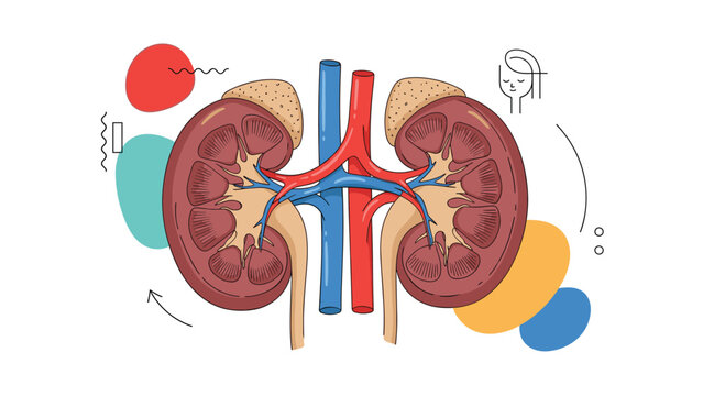 Medical anatomical illustration of human kidneys including adrenal glands, renal veins, and major blood vessel structures.