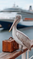 Fototapeta premium Pelican perched on dock beside vintage suitcase with cruise ship in background