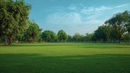 Fototapeta premium Serene Park Landscape: An expansive, vibrant green meadow stretches towards the horizon, framed by the lush canopies of towering trees beneath a vast, serene, and clear blue sky.