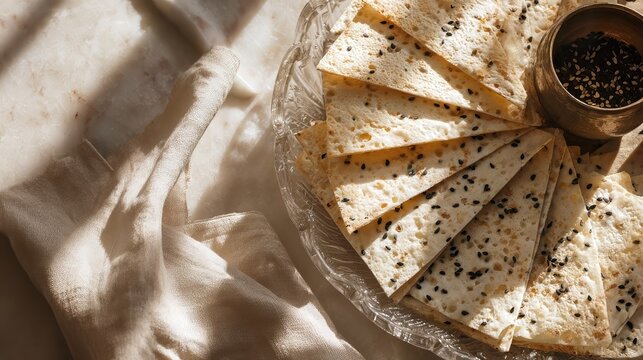 Thin armenian lavash chips with black sesame arranged in a glass platter beside linen napkin on sunlit marble kitchen counter, cozy homemade snack concept