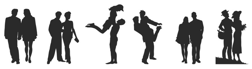 Man carrying woman isolated on white background silhouettes set. Man and woman silhouette in different enjoyment poses isolated on white Vector illustration.