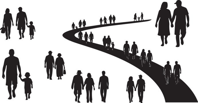 Silhouettes of people walking on a winding path together