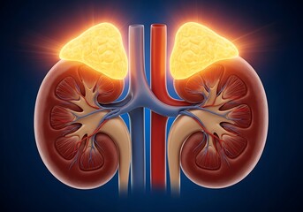 Detailed anatomical illustration of human kidneys and adrenal glands from a frontal viewpoint showcasing the intricate internal structures