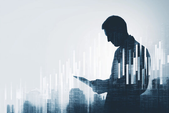 Smart property investment strategy, businessman silhouette analyzing real estate data charts, fintech interface overlay, clean corporate stock image style