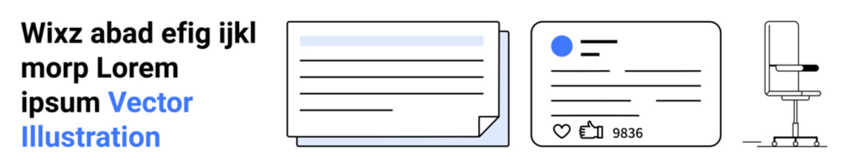 Obraz premium Digital communication, content sharing, workplace tools, modern design, social interactions, productivity. are a document, social media post and office chair. Digital communication and content