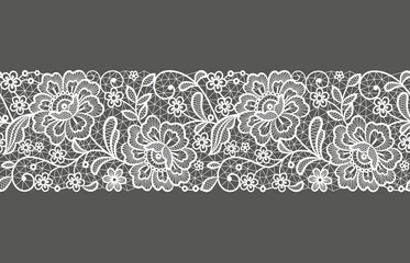 Seamless floral background with lace flowers and leaves. Vector hand made white lace ribbon with flowers