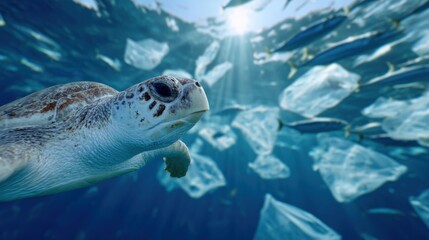 Fototapeta premium Turtle navigating ocean pollution amidst floating plastic waste