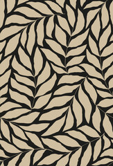 Seamless black floral background with amber leaves. Hand drawn minimal abstract organic shapes pattern. Monochrome.