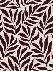 Seamless grey floral background with black leaves. Hand drawn minimal abstract organic shapes pattern.. Monochome