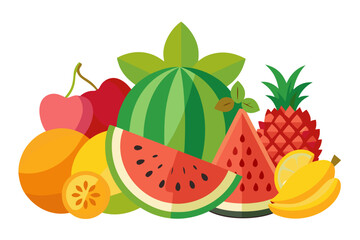 A colorful vector illustration of various fresh fruits including watermelon, pineapple, and bananas