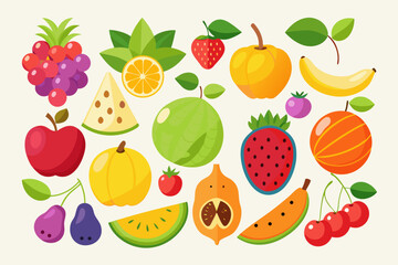 A colorful vector illustration of various fruits, including apples, bananas, and berries, arranged in a circular pattern