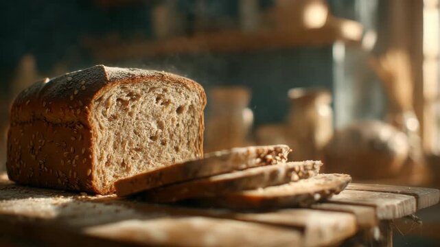 Fresh whole grain bread loaf sliced rustic wooden table with sesame seed, crumbs flying, cozy rustic kitchen atmosphere, healthy homemade breakfast, inviting warm mood, seeds air, morning concept