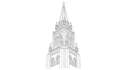 Fototapeta premium Tall Gothic Clock Tower Cathedral Architecture Line Art Vector Illustration Historic European Landmark Building for Travel Heritage and City Skyline Design 