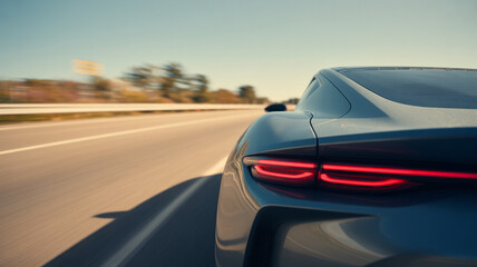 Rear view of a modern blue luxury sports car speeding on a highway with motion blur effect representing performance power and automotive technology during daylight travel