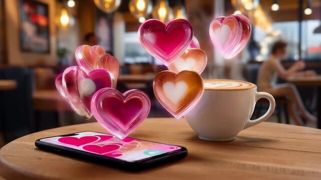 First-person POV of a smartphone screen on a coffee table. Animated 3D glass hearts "pop" out of the screen
