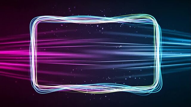 Abstract flowing lines forming a glowing neon rectangular frame on a dark, futuristic background with digital particles, conveying energy and technology.