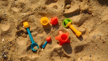 A colorful assortment of plastic sand toys a shovel bucket and starfish are scattered across golden beach sand high quality professional detailed modern elegant stylish clean