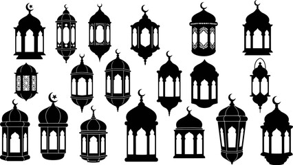 set of traditional arabic lanterns with crescent moons on white background © Afia