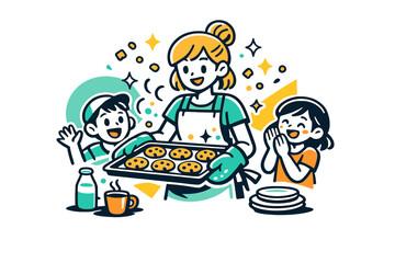 Sweet kitchen scene. A tray of cookies emerging from the oven, crumbs and sparkles floating playfully around. Light,
