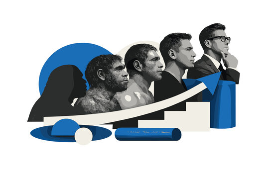 A surreal collage of a human face split into sequential evolutionary stages, from primitive silhouette to modern thinker