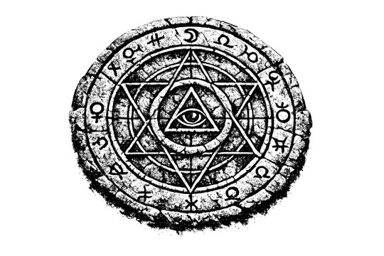 Ancient alchemical circle carved into weathered stone, arcane symbols and lines worn by time, black and white halftone