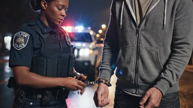 Police officer arresting a man with handcuffs at night with police car lights