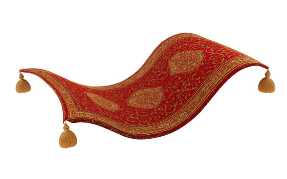 Red Persian Magic Carpet with Gold Ornate Pattern and Tassels isolated on a transparent background