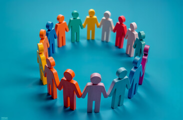 Colorful paper figures standing in a circle holding hands on a blue background during a creative activity