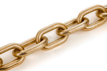 Obraz premium Link of metal chain showing oval shapes and glossy finish in close-up view on white background