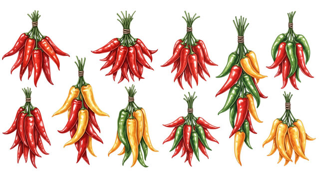 Watercolor illustration set of red, green, and yellow chili peppers, including bunches and traditional ristras, on a transparent background.