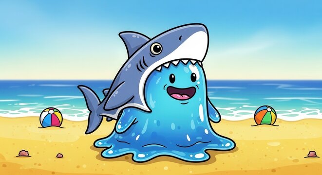 Cheerful cartoon blob creature wearing a shark costume stands happily on a sunny beach by the ocean