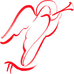 Fototapeta premium Abstract red line art angel playing a trumpet, hand drawn watercolor Christmas nativity scene element on transparent background.