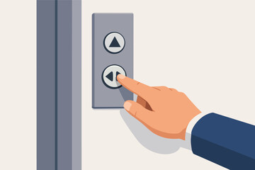 Naklejka premium Human hand pushing elevator down button, choosing a direction at office