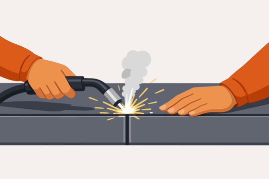 Worker hands holding a welding torch, joining metal pieces with bright sparks and smoke