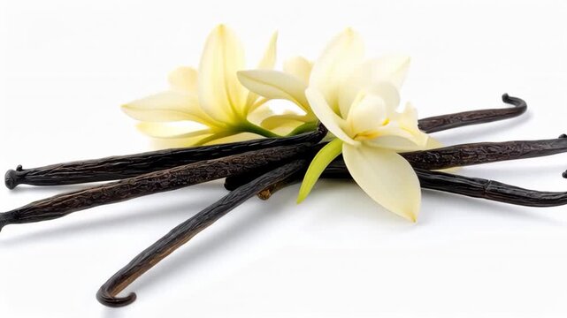 Vanilla beans and orchid flowers arrangement on white background