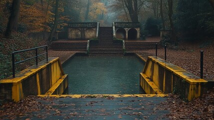 Autumnal Cascade Tranquil Pool and Stone Stairway in Foggy Forest.