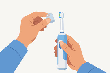 Obraz premium Hands holding an electric toothbrush, removing its protective cap for dental hygiene