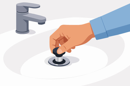 Hand placing a drain stopper in a white sink, promoting water conservation