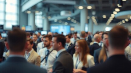 Business people gathered at an indoor conference or exhibition hall networking and interacting in a professional setting