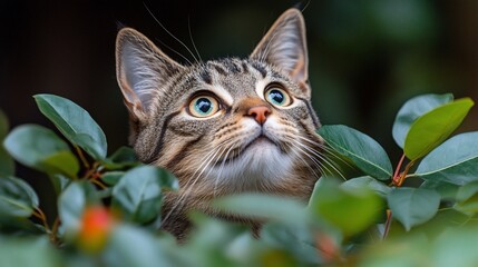 Curious Tabby Cat Peeking Through Lush Green Foliage Intense Gaze.