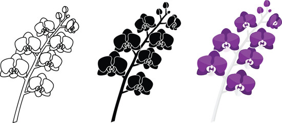 Collection of orchid branch illustrations featuring line art silhouette and flat color designs for botanical or decorative use © Ahmad