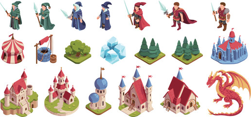 Naklejka premium fantasy medieval game assets set isometric flat vector illustration characters castles trees dragon magic collection design pack bundle,