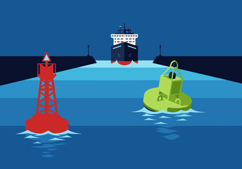 A striking illustration depicts a ship navigating a port entrance channel, guided by a lighthouse and buoys. Clean lines and vibrant colors create a professional, modern aesthetic. © Vector Factory