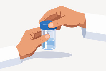 Hands receiving a medical specimen container for laboratory analysis and diagnostics