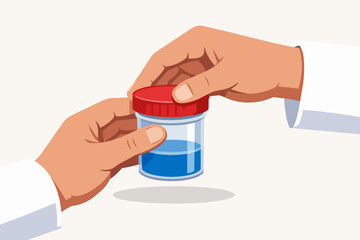 Medical technician's hands handling a lab sample container for analysis and testing