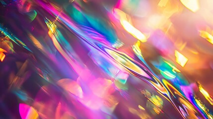 Iridescent Prism Abstract Light Refraction with Vibrant Colors and Bokeh Effects.