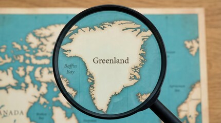 Greenland Map Magnifying Glass Focus, Arctic Island Geography, North Pole Destination, Search Location, Cartography Navigation, Climate Change Region, Global Travel Exploration © Pippin