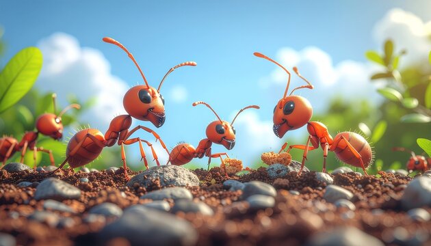 Cute cartoon red ants on green grass and a flower in a bright nature scene for children