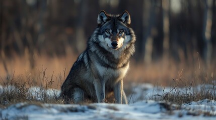 Majestic Gray Wolf Portrait in Winter Landscape Intense Gaze Natural Light.