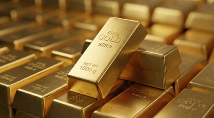 Gold Bullion Bars Stack, Angled View Ingot, Wealth Finance Investment, Precious Metal Money, Economy Asset, Inflation Hedge, Banking Reserve, Shiny Treasure, Financial Market Value